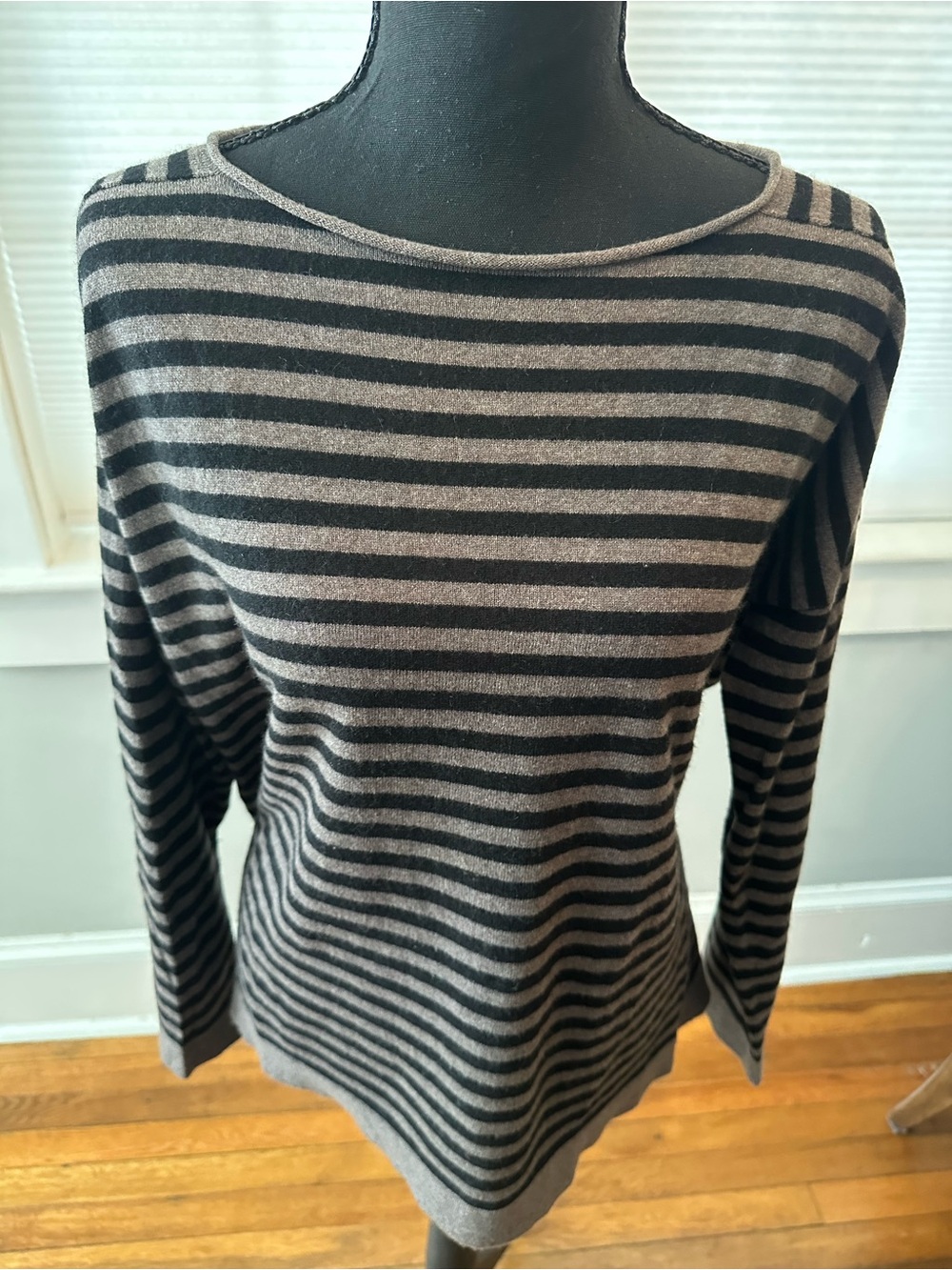 Eileen Fisher 100% Cashmere Black and Gray Striped Crew Neck Sweater